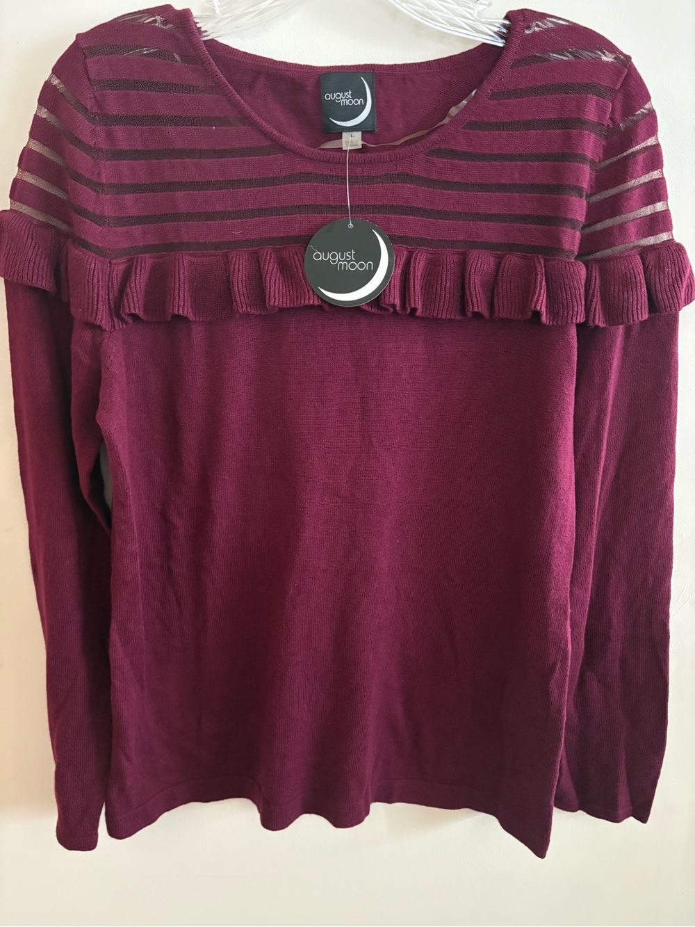 August Moon Women's Wine Mulberry Ruffle Yoke Sweater Top Size Large NWT